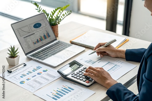 Professional financial analyst working with laptop and calculator to calculate monthly earnings while studying detailed colorful business charts on a bright modern office white desk