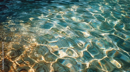 Clear turquoise water surface with sunlight patterns on sandy seabed abstract texture