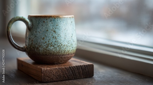 Handmade ceramic mug resting on a wooden coaster by a window with soft natural light