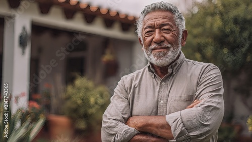 Senior homeowner stands confidently with arms crossed outside his residence.