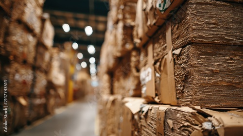 Recycled cardboard bales stacked in a warehouse with overhead lighting representing industrial recycling and sustainability