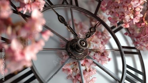 Vintage clock face with delicate pink blossoms during spring soft focus