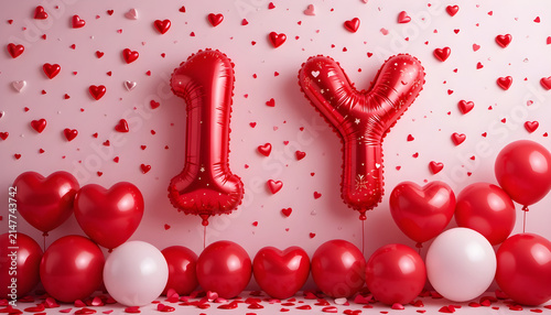 Shiny red foil number 14 balloons celebrate fourteenth birthday anniversary party.