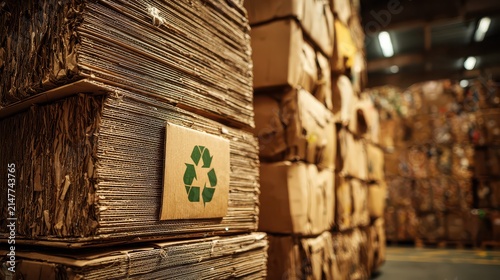Stacked recycled cardboard bales with green recycling symbol in warehouse lighting