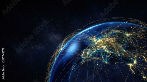 Global Connections: An illuminated globe at night, showcasing glowing city lights and interconnected networks spanning continents, symbolizing worldwide communication and a connected planet.