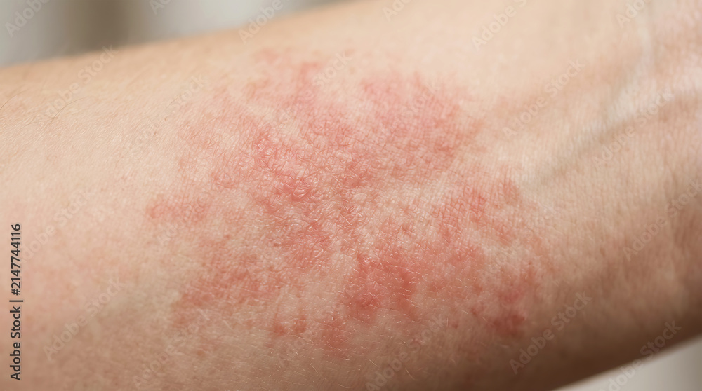 Fototapeta premium Close-up of human skin with red rash on arm inflammation