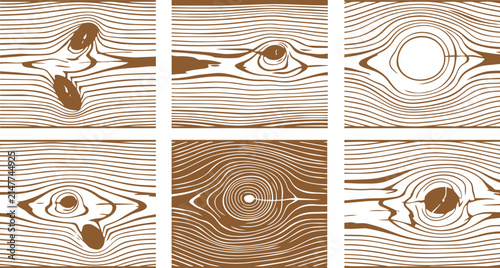 Vector illustration set showing multiple brown wood grain textures with natural knots in flat style