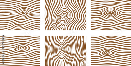 Brown wooden grain vector illustration sets featuring distinct organic swirl patterns on a white background surface