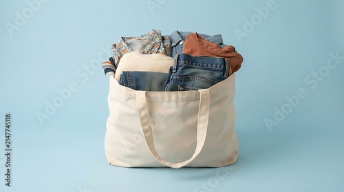 reusable canvas shopping bag filled with carefully folded secondhand clothing