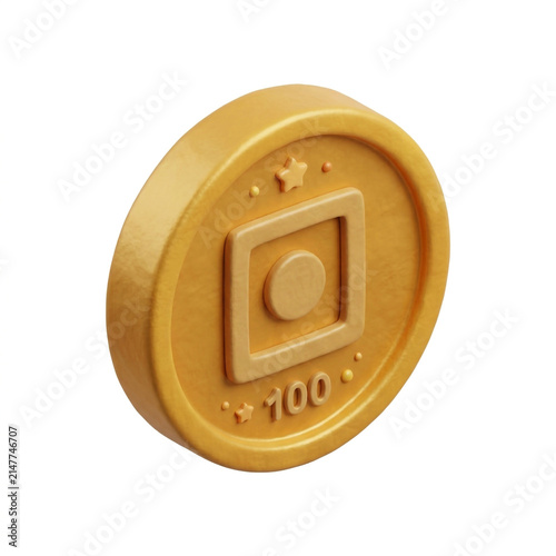 Golden coin with square and circle symbol and number 100