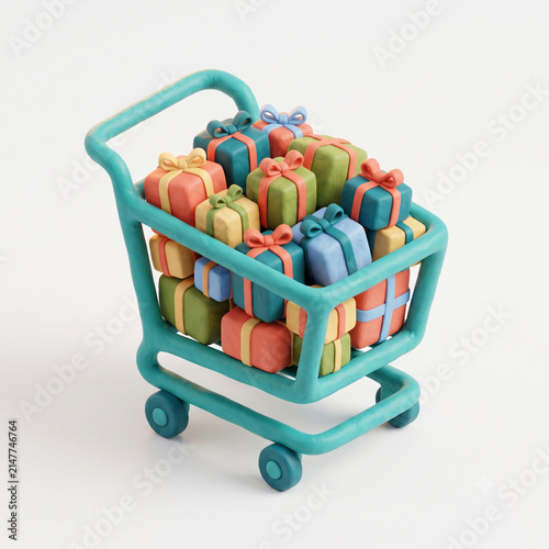 Full shopping cart overflowing with wrapped presents for celebration