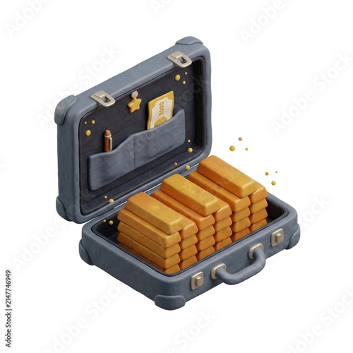 Open briefcase filled with gold bars and financial elements