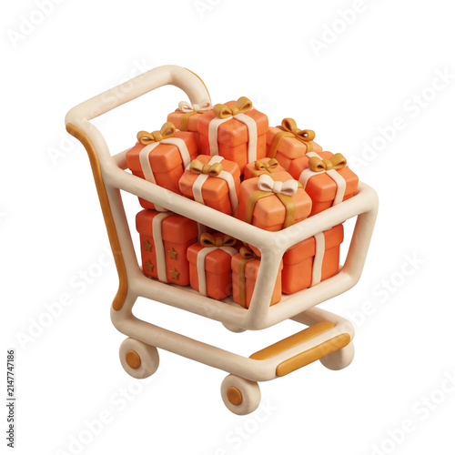 Shopping cart filled with numerous gift boxes and bows