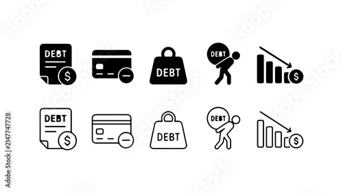 фотографія Debt and Financial Stress Icon Set in Silhouette and Outline Style