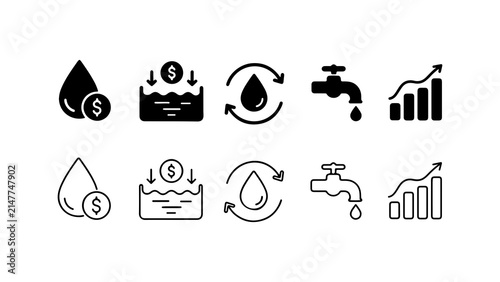 Water Consumption and Financial Saving Icon Set in Silhouette and Outline