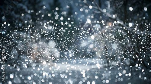 Magical Winter Snowfall Bokeh Background with Frosty Forest Trees