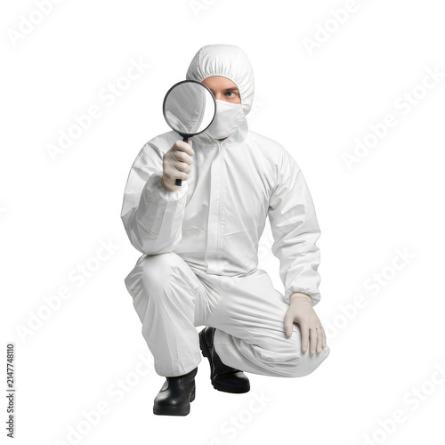 Person in protective hazmat suit and face shield