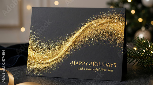 
Elegant Happy Holidays Greeting Card with Glowing Gold Glitter Wave Trail
