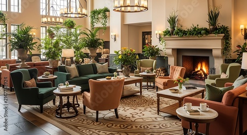 Cozy lounge seating area with fireplace and indoor plants in elegant hotel lobby interior