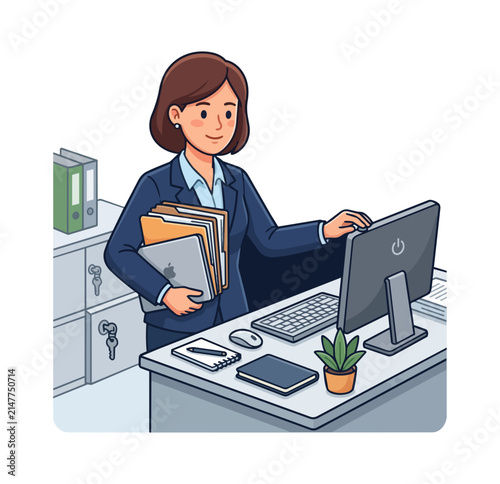 Woman working at office desk with computer and files