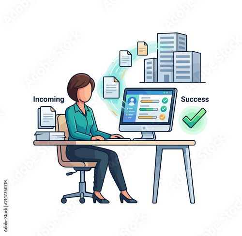 Woman working on computer managing documents and data for business success