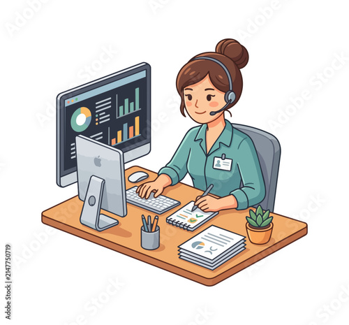Worker at desk with computer and headset analyzing data