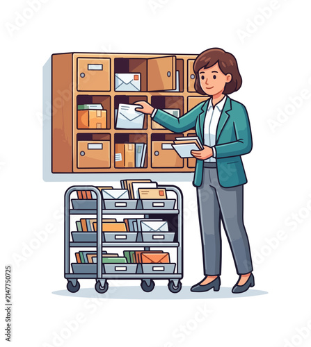 Worker organizing mail in a postal office or storage unit
