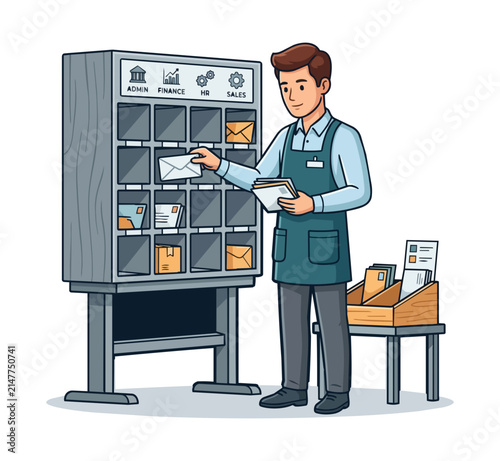 Worker sorting mail in office mailroom with cubbies