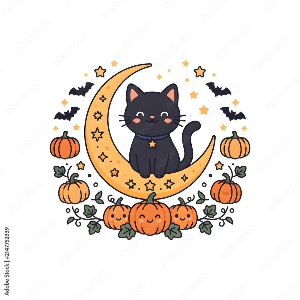 Fototapeta premium A cute black cat sitting on a crescent moon surrounded by pumpkins and flying bats in a whimsical hand drawn halloween illustration style