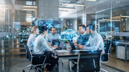 Business team meeting discussing cloud computing technology and data analytics, colleagues working together in modern glass office with digital interface holograms showing network