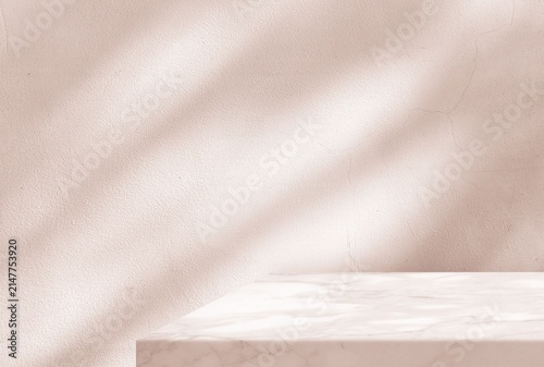 Abstract marble podium pedestal table top with concrete wall and light shadow background for professional product presentation.