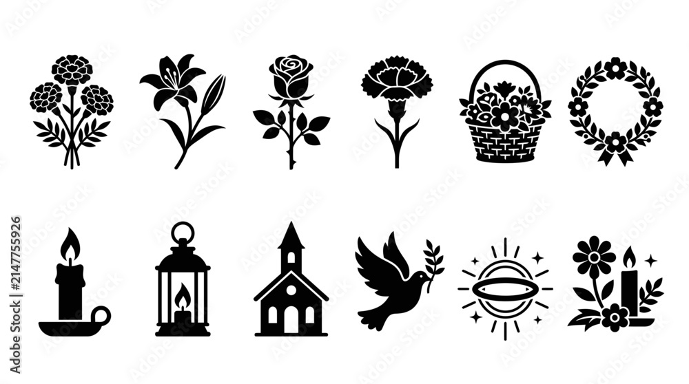 Naklejka premium Set of Funeral and Sympathy Icons and Symbols.