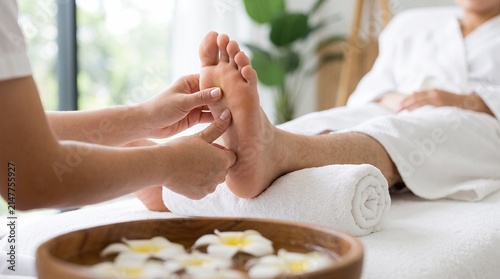 Professional therapist performing a relaxing foot reflexology massage treatment on a client lying on a spa bed with flowers in water nearby for wellness and health