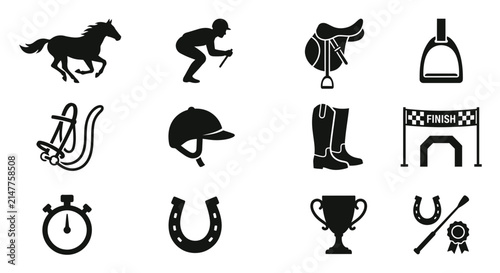 Set of horse racing and equestrian sport icons.