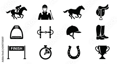 Set of horse racing and equestrian sport icons.
