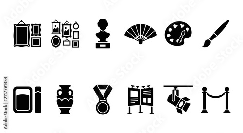 Set of museum and art gallery collection glyph icons.