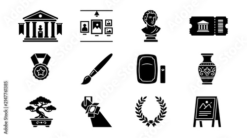 Set of twelve black glyph icons representing museum and art gallery items.