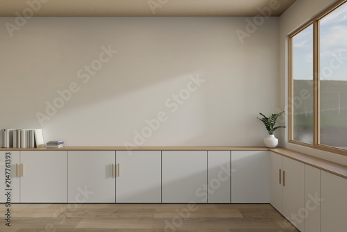 Minimalist living room cabinet with empty wall mockup 3d rendering