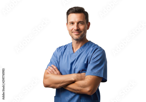 Confident man in blue shirt standing with crossed arms