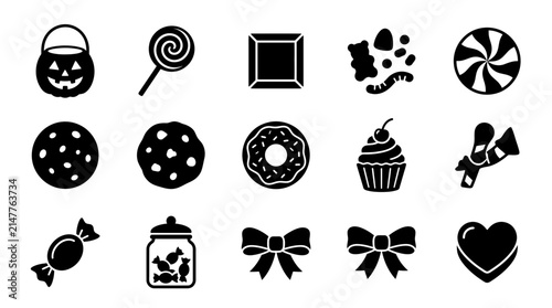 Collection of black and white candy and sweets icons.