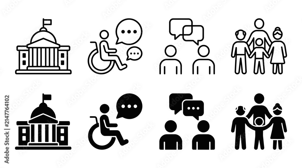 Fototapeta premium Social community and disability inclusion icon set for public service with community disability inclusion government