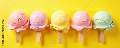 Pastel ice cream scoops on yellow paper background Minimal summer holiday concept , backgrounds, sweet, ice cream
