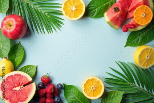 Pastel gray backdrop featuring lush palm leaves and assorted summer fruits Flat lay summer composition , vacation, design, copyspace