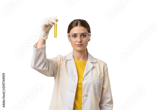 Scientist holding up a test tube in a laboratory