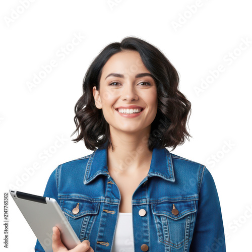 Woman holding a digital tablet with a cheerful smile