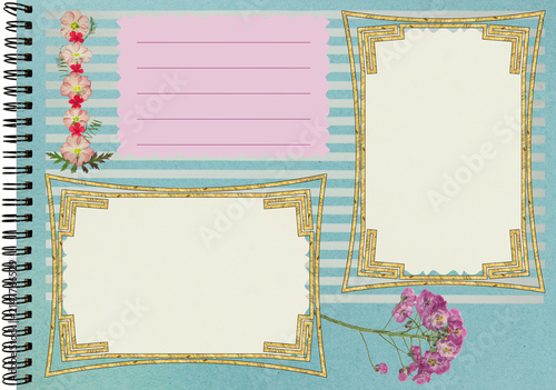 Photo album layout with empty photo frames. Scrapbook composition with floral elements. Page for stories. Page from an old photo album. Dried pressed flowers. For invitations und greetings.
