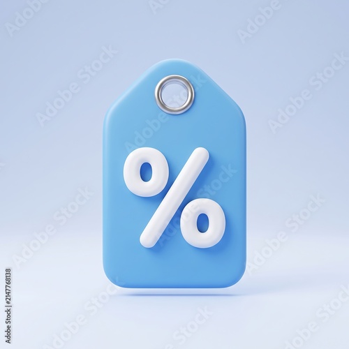 3D render of a blue discount price tag icon with a percentage symbol discount percentage shopping