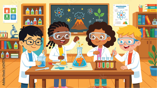 Diverse group of happy children in lab coats conducting fun science experiments in school laboratory illustration