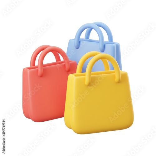 Three colorful 3D handbags for shopping and fashion with shopping accessories colorful consumer