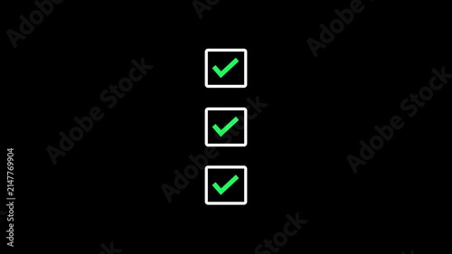 Animated green checkmark list on black background, for ui and, task completion tick, animation motion ui